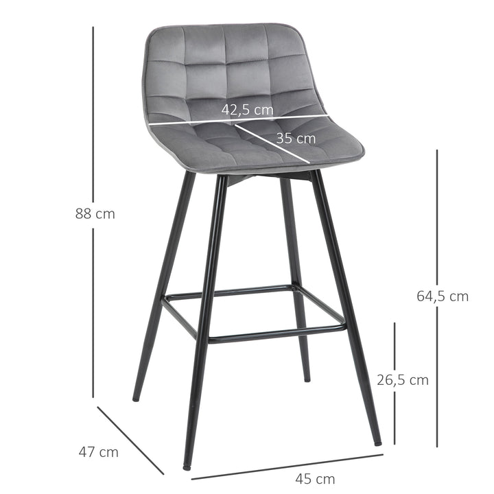 Conjunto de 2 Bancos de Bar com Encosto e Apoio para os Pés Bancos Altos Acolchoados de Estilo Nórdico em Metal e Poliéster para Bar Sala de Jantar 45x47x88 cm Cinza