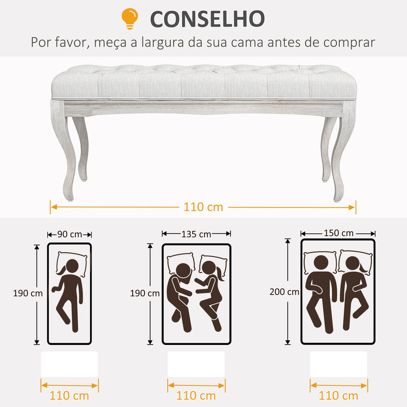 Banco Pé de Cama com Pés de Madeira e Assento Acolchoado Capacidade 120 kg Banco de Estilo Vintage para Dormitório Entrada Corredor 110x37x49 cm Creme