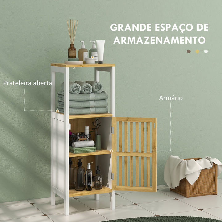 Armário Casa de Banho Móvel Auxiliar de Casa de Banho com 1 Prateleira Aberta 1 Porta e 1 Prateleira Ajustável 32x30x90,5 cm Natural e Branco
