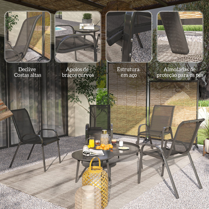 Conjunto de 4 Cadeiras de Jardim Cadeiras de Exterior Empilháveis Cadeiras de Jardim com Tecido Respirável Estrutura de Aço Apoio para os Braços e Encosto 54x71x93 cm Preto