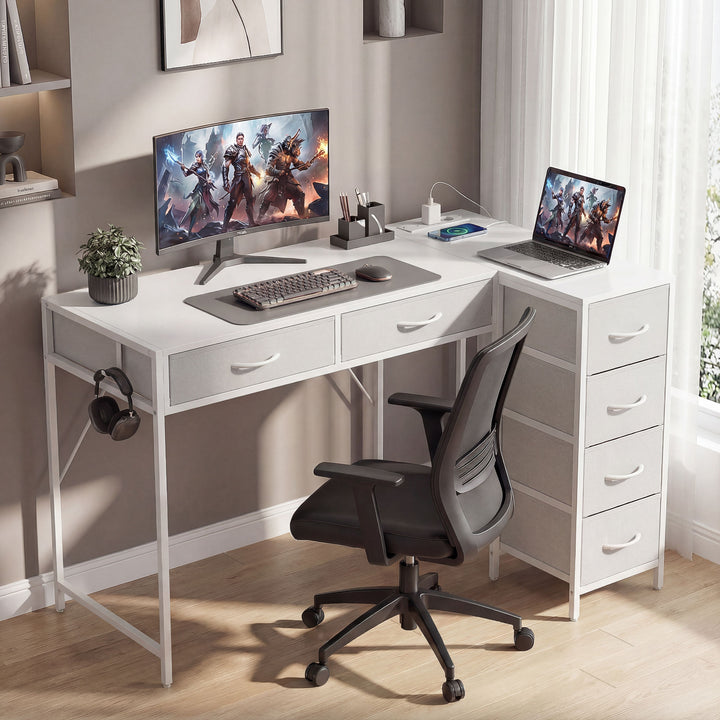 Secretária de Canto Reversível com 6 Gavetas de Tecido 126x48 cm Secretária em L com Tomada de Energia Porta USB e USB-C Mesa em L para Casa ou Escritório Branco