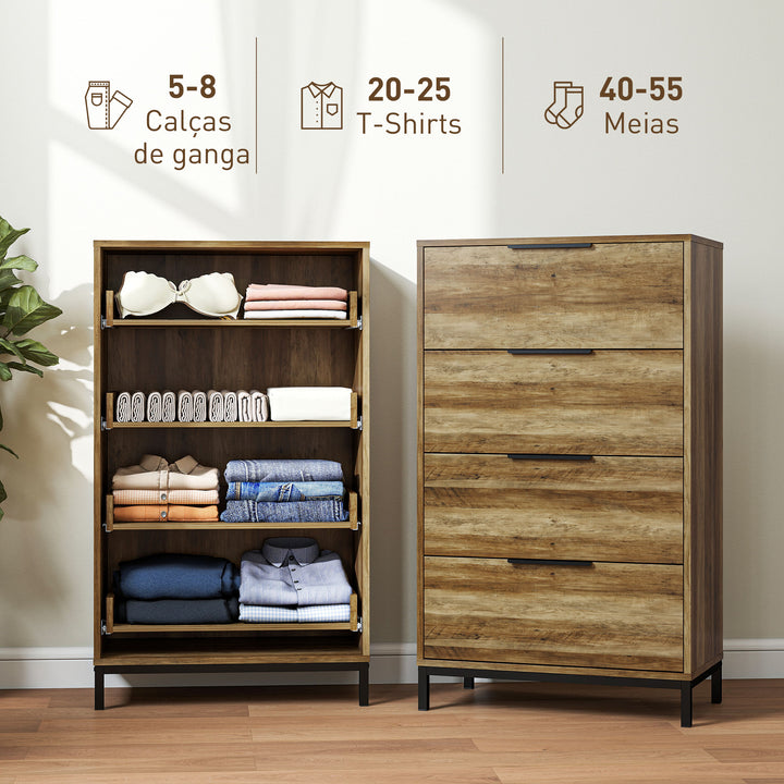 Cómoda de 4 Gavetas Cómoda para Dormitório Alta com Puxadores Metálicos Cómoda Estreita para Sala de Estar Corredor 62x35x105 cm Castanho Rústico