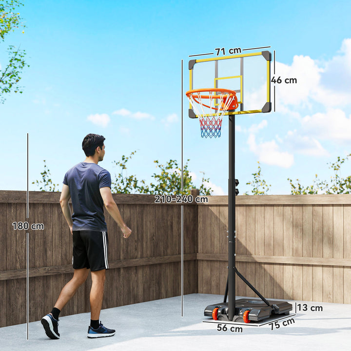 Tabela de Basquetebol com Altura Ajustável 178-208 cm Rodas Cesta de Basquetebol para Crianças acima de 6 Anos com Base Recarregável para Exterior 75x56x210-240 cm Amarelo e Preto