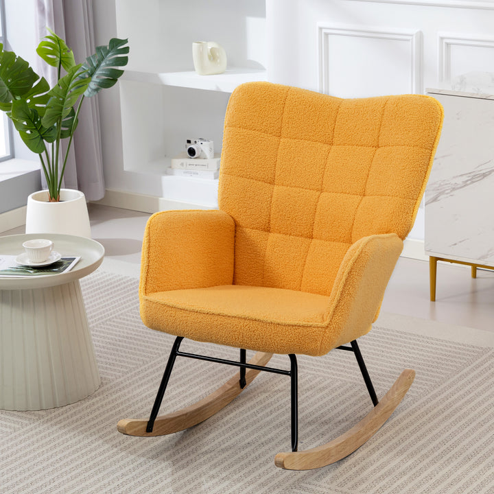Poltrona Baloiço Poltrona de Sala de Estar Oscilação de 40° com Pés de Madeira de Faia e Estrutura de Aço para Dormitório Carga Máxima 120 kg 71x98x101 cm Amarelo