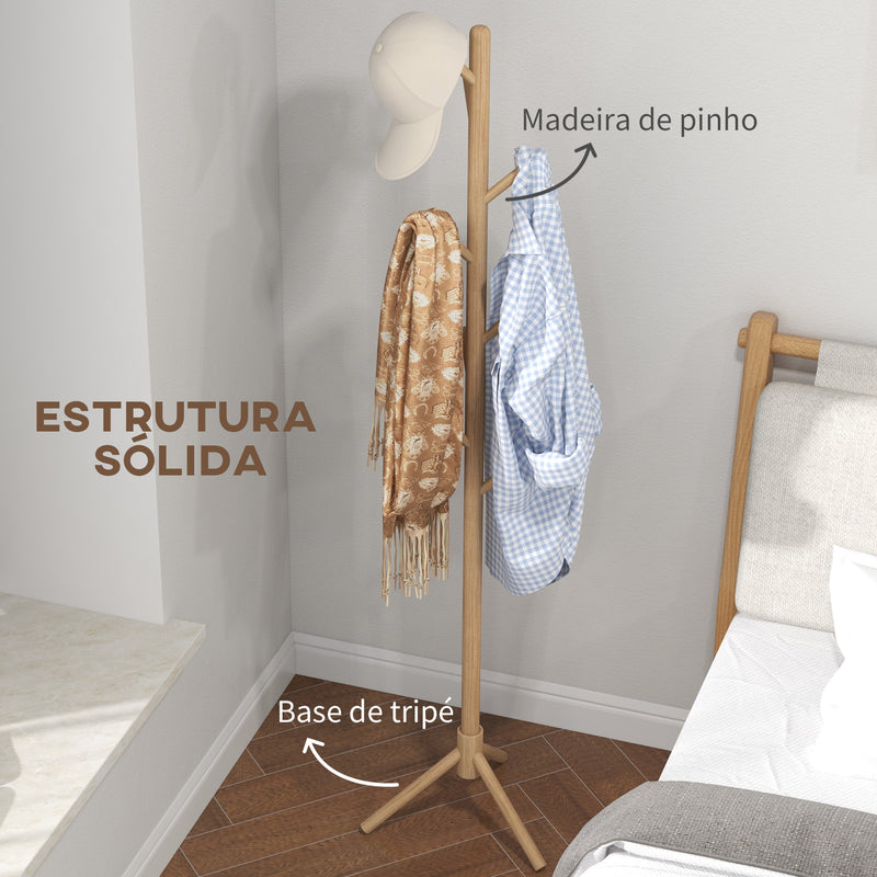 Cabide de Pé de Madeira Cabide de Pé com 8 Ganchos para Pendurar Roupa e Bolsas Cabide em Forma de Árvore para Corredor Entrada Quarto 40x40x165 cm Natural