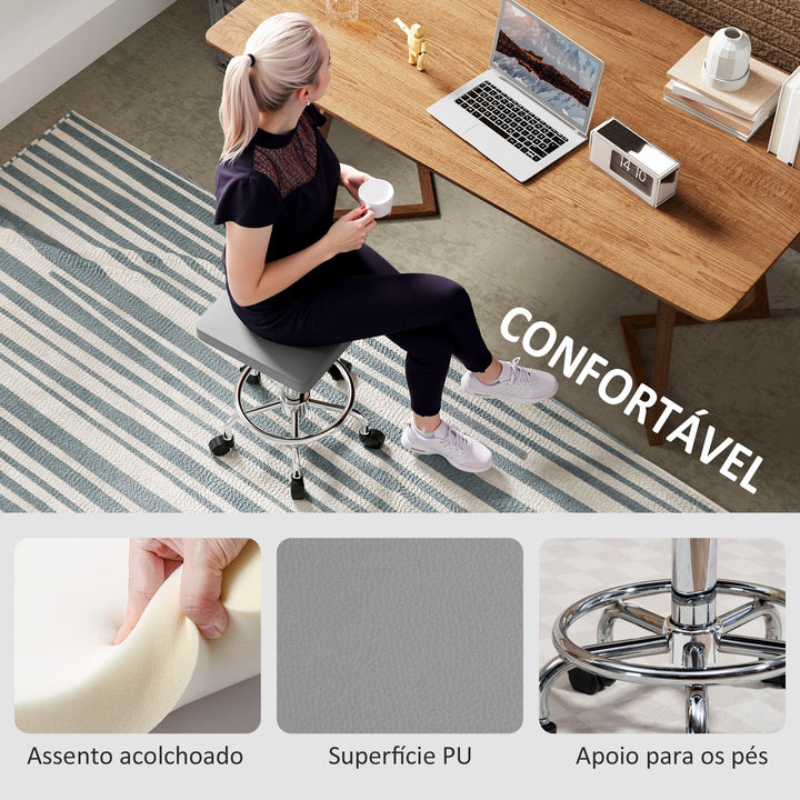 Banco Giratório Banco com Rodas Altura Regulável 50-66 cm Assento Estofado em Imitação de Couro Descanso para os Pés para Salões e Oficinas 34x34x50-66 cm Cinzento