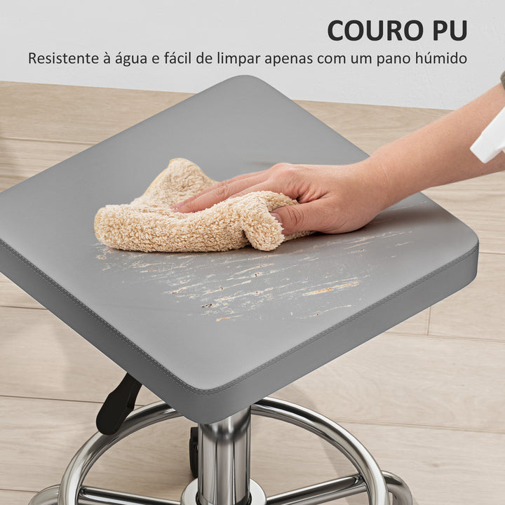 Banco Giratório Banco com Rodas Altura Regulável 50-66 cm Assento Estofado em Imitação de Couro Descanso para os Pés para Salões e Oficinas 34x34x50-66 cm Cinzento