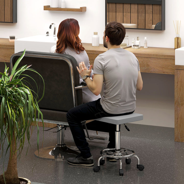 Banco Giratório Banco com Rodas Altura Regulável 50-66 cm Assento Estofado em Imitação de Couro Descanso para os Pés para Salões e Oficinas 34x34x50-66 cm Cinzento