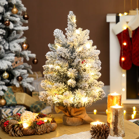 Árvore de Natal com 35 Luzes LED 60 cm Mini Árvore de Natal Artificial com 72 Ramos com Neve Pinhas Bagas e Base de Saco de Juta Decoração de Natal de Mesa para Casa Escritório Verde