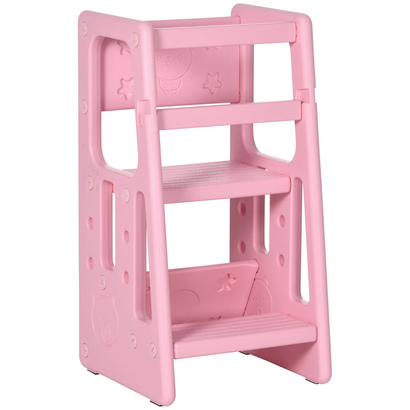 Torre de Aprendizagem para Crianças Banco Infantil com Altura Ajustável em 3 Posições e Plataforma Antiderrapante para Cozinha Sala de Jantar Casa de Banho 47x47x90cm Rosa