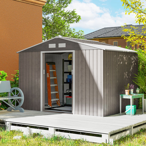 Abrigo de Jardim Exterior Abrigo e Jardim Metálico para Armazenamento de Ferramentas com Base de Reforço Incluída e 4 Janelas 277x195x192 cm Madeira