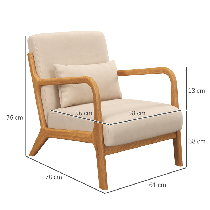 Poltrona Sala de Estar Nórdica Poltrona Individual Acolchoada com Apoio para os Braços e Estrutura de Madeira de Borracha para Dormitório Carga 120 kg 61x78x76 cm Bege