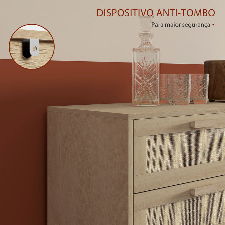 Cómoda com 6 Gavetas e Frontal de Vime Pés de Madeira Estilo Bohemio 110x40x75 cm Madeira