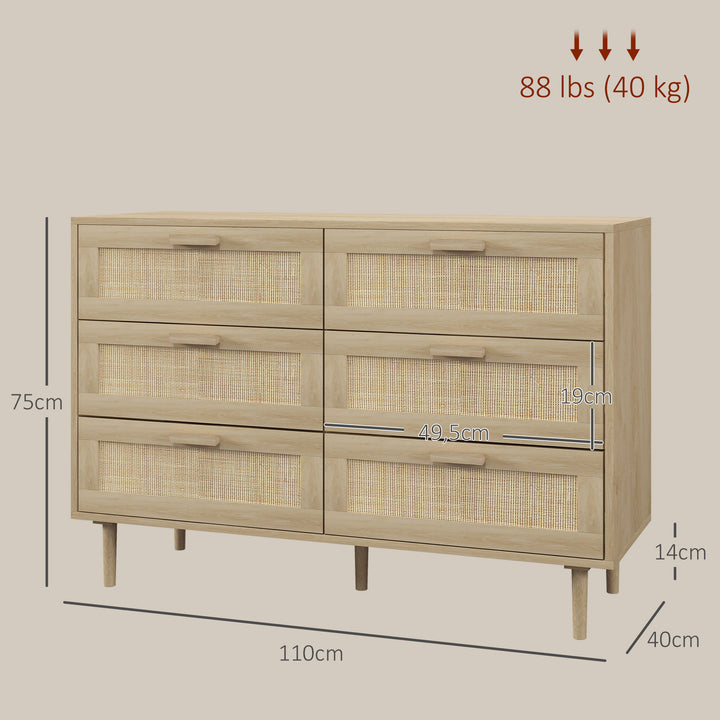 Cómoda com 6 Gavetas e Frontal de Vime Pés de Madeira Estilo Bohemio 110x40x75 cm Madeira