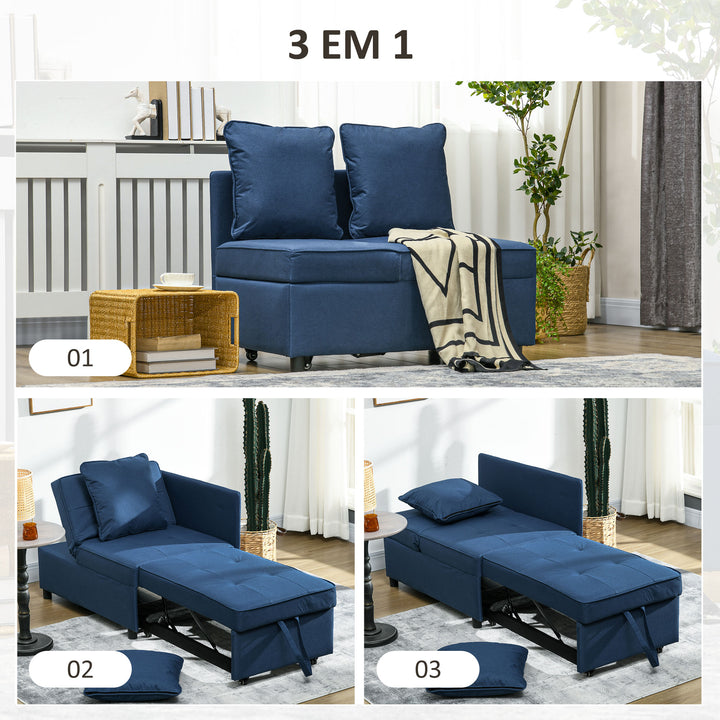 Sofá Cama 3 em 1 Sofá de 2 Lugares com Encosto Ajustável Sofá Cama Individual com Almofadas para Dormitório Sala de Estar 65x98x69 cm Azul