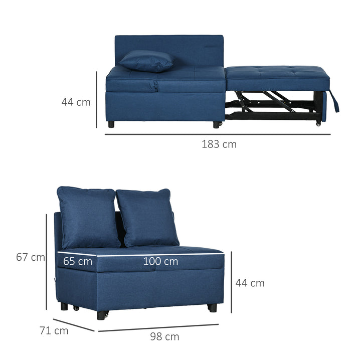 Sofá Cama 3 em 1 Sofá de 2 Lugares com Encosto Ajustável Sofá Cama Individual com Almofadas para Dormitório Sala de Estar 65x98x69 cm Azul