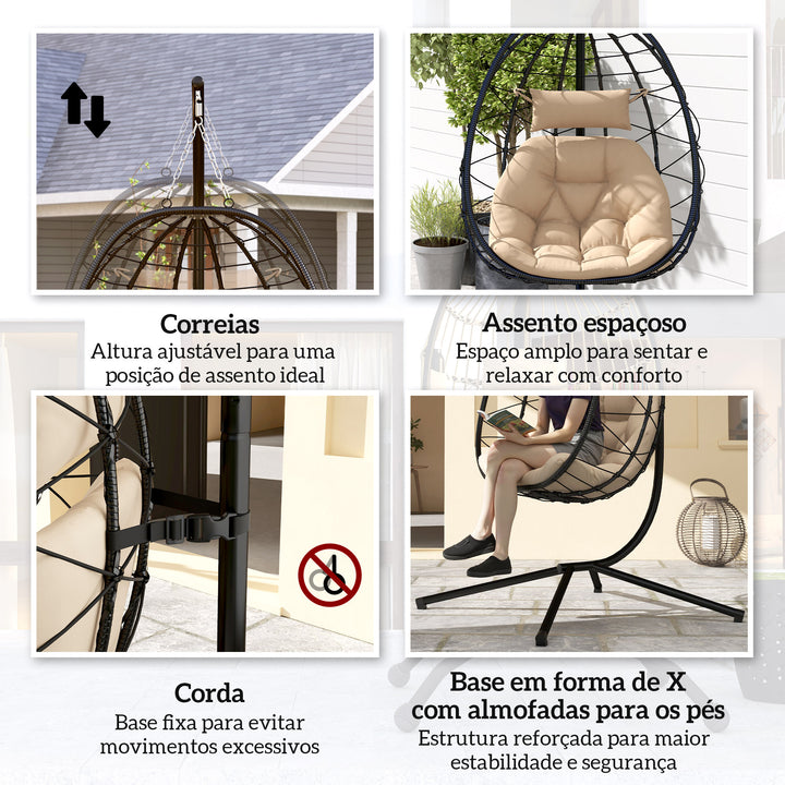 Cadeira Suspensa com Suporte Baloiço Jardim com Cesto Dobrável Almofada e Apoio de Cabeça Baloiço Suspenso para Interior e Exterior Carga 120 kg 98x95x198 cm Caqui