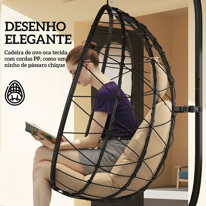 Cadeira Suspensa com Suporte Baloiço Jardim com Cesto Dobrável Almofada e Apoio de Cabeça Baloiço Suspenso para Interior e Exterior Carga 120 kg 98x95x198 cm Caqui