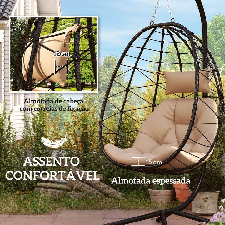 Cadeira Suspensa com Suporte Baloiço Jardim com Cesto Dobrável Almofada e Apoio de Cabeça Baloiço Suspenso para Interior e Exterior Carga 120 kg 98x95x198 cm Caqui