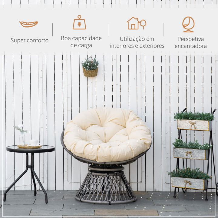 Poltrona Papasan Giratória de Vime Sintético Poltrona de Vime PE com Almofada e Estrutura de Aço Carga 160 kg para Jardim Terraço Pátio 87x97x90 cm Cinza e Creme