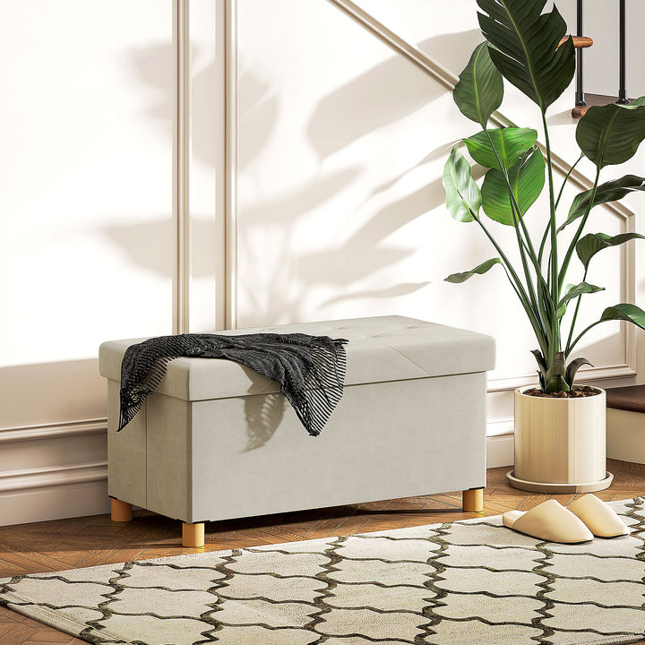 Banco de Armazenamento Dobrável Puff de Armazenamento Capacidade de 67 L Estofado em Veludo Baú de Armazenamento Quarto Carga 120 kg para Sala de Estar Entrada 76x38x38 cm Creme