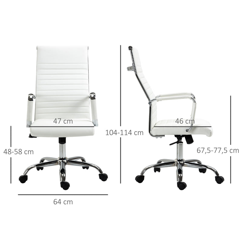 Cadeira de Escritório Ergonómica Giratória 360° Basculante com Altura Ajustável Rodas e Apoio para os Braços Estofada Pele Sintética 54x62x104-114 cm Branco