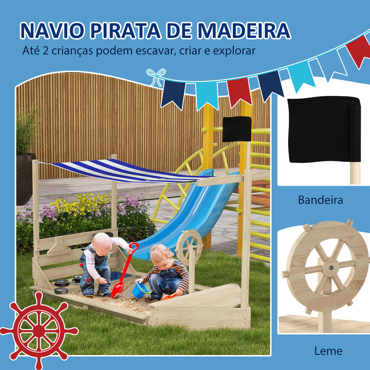 Caixa de Areia para Crianças de Madeira Caixa de Areia Infantil com Toldo Volante Brinquedos de Cozinha e Forma de Barco Pirata para Pátio Jardim 180x103x144,5 cm Natural