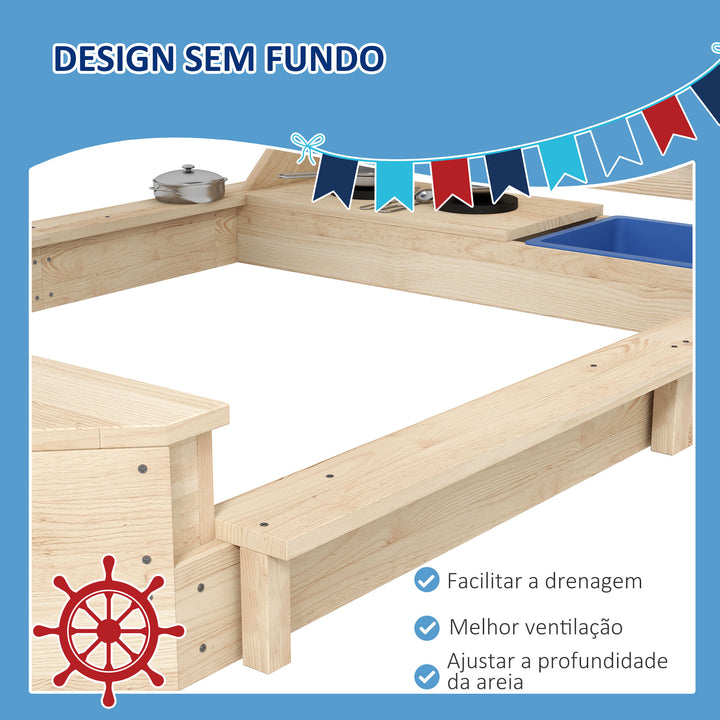 Caixa de Areia para Crianças de Madeira Caixa de Areia Infantil com Toldo Volante Brinquedos de Cozinha e Forma de Barco Pirata para Pátio Jardim 180x103x144,5 cm Natural