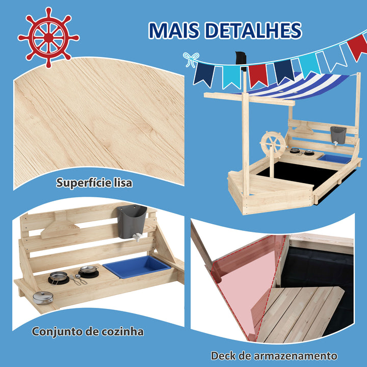 Caixa de Areia para Crianças de Madeira Caixa de Areia Infantil com Toldo Volante Brinquedos de Cozinha e Forma de Barco Pirata para Pátio Jardim 180x103x144,5 cm Natural