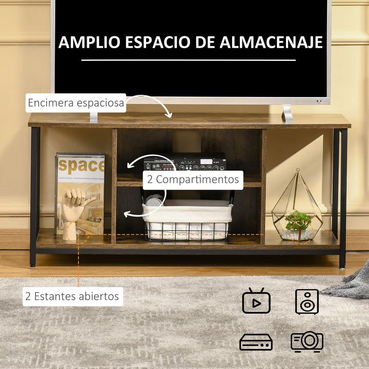 Móvel de TV até 55 Polegadas Móvel de TV Estilo Industrial com 4 Compartimentos Prateleira Ajustável e Orifício para Cabos 110x40x50cm Castanho Rústico