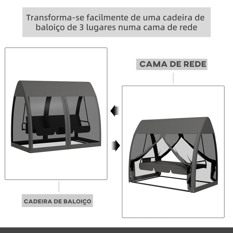 Baloiço de Jardim de 3 Lugares Convertível em Cama com Rede Mosquiteira Estrutura de Metal para Jardim Terraço Carga 300kg 240x140x197 cm Cinza Escuro