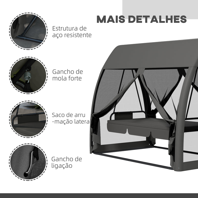 Baloiço de Jardim de 3 Lugares Convertível em Cama com Rede Mosquiteira Estrutura de Metal para Jardim Terraço Carga 300kg 240x140x197 cm Cinza Escuro