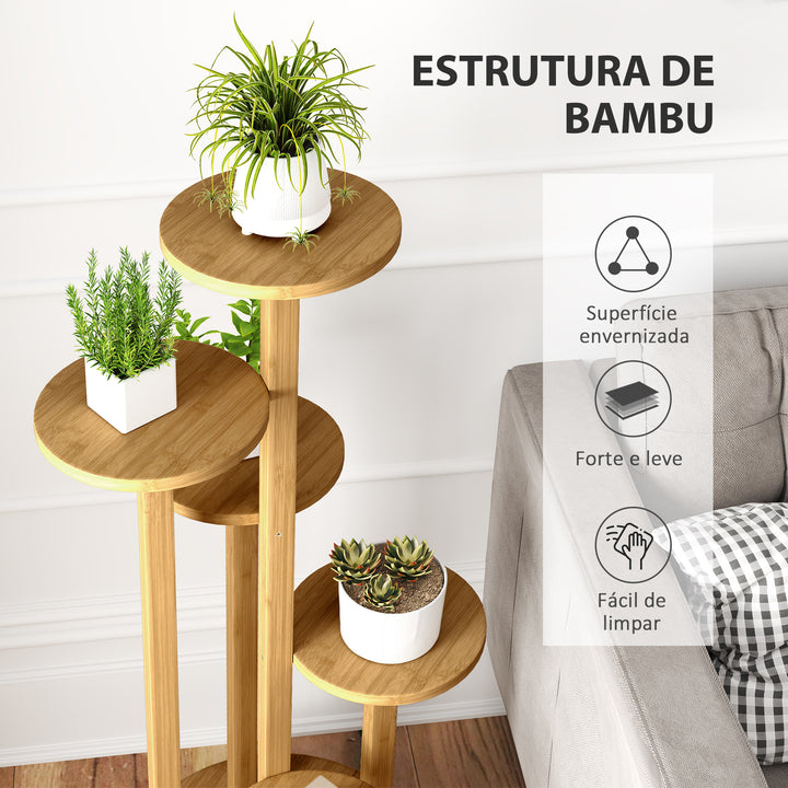 Suporte para Plantas em Bambu com Rodas de 5 Níveis Estante Redonda para Plantas para Cantos Suporte para Vasos Interior e Exterior 33x33x90 cm Madeira