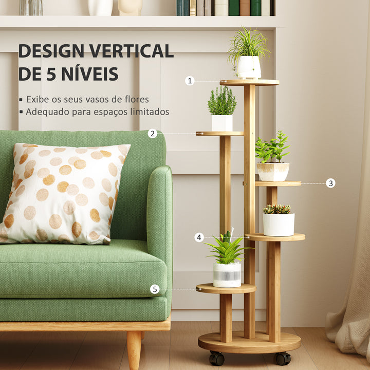 Suporte para Plantas em Bambu com Rodas de 5 Níveis Estante Redonda para Plantas para Cantos Suporte para Vasos Interior e Exterior 33x33x90 cm Madeira