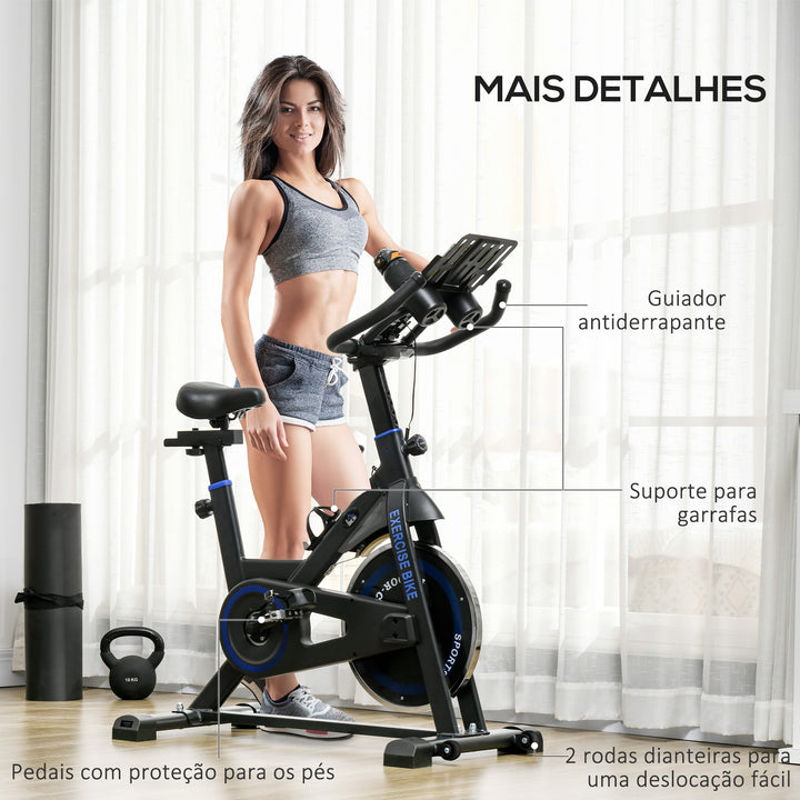 Bicicleta Estática com Resistência Ajustável Bicicleta Estática Fitness com Volante de Inércia 8 kg Ecrã LCD Guiador e Assento Ajustáveis para Casa Ginásio 103x53x110-114 cm Azul