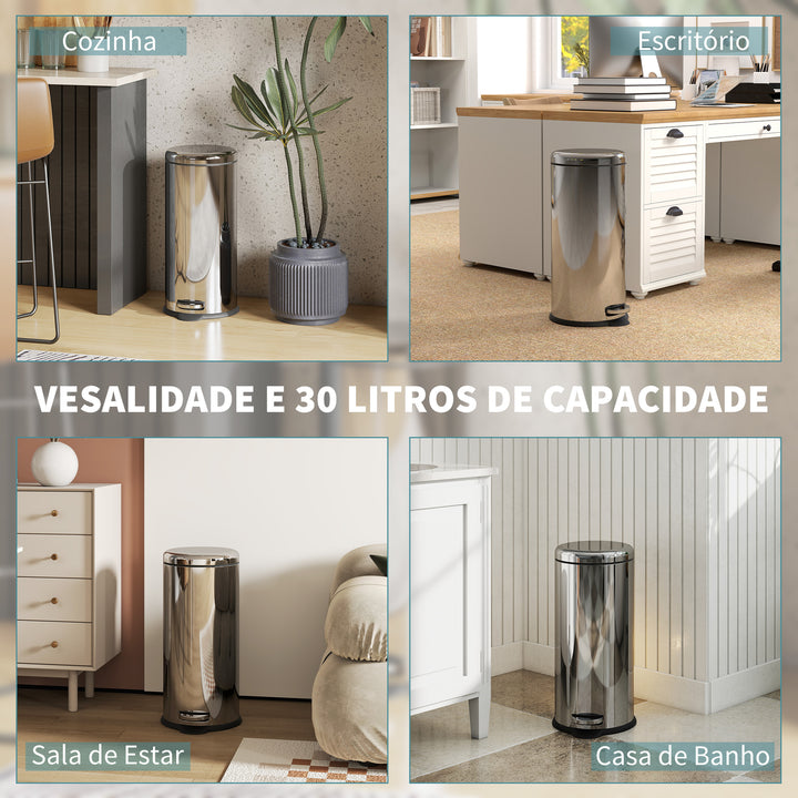 Lixeira com abertura por pedal com 30 L de volume em prata de aço inoxidável