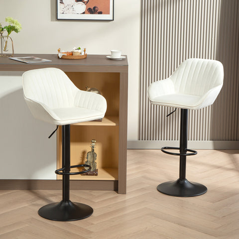 Conjunto de 2 Bancos de Bar Giratórios Bancos Altos de Cozinha com Altura Ajustável 87-107 cm Cadeiras Altas de Cozinha Estofadas em Veludo Encosto e Apoio para Pés Creme