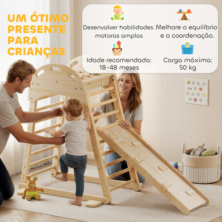 Triângulo de Escalada Montessori 6 em 1 Estrutura de Madeira com Plataforma Anéis e Escorrega para Escalar ou Deslizar para Crianças de 18-48 Meses Interiores Madeira