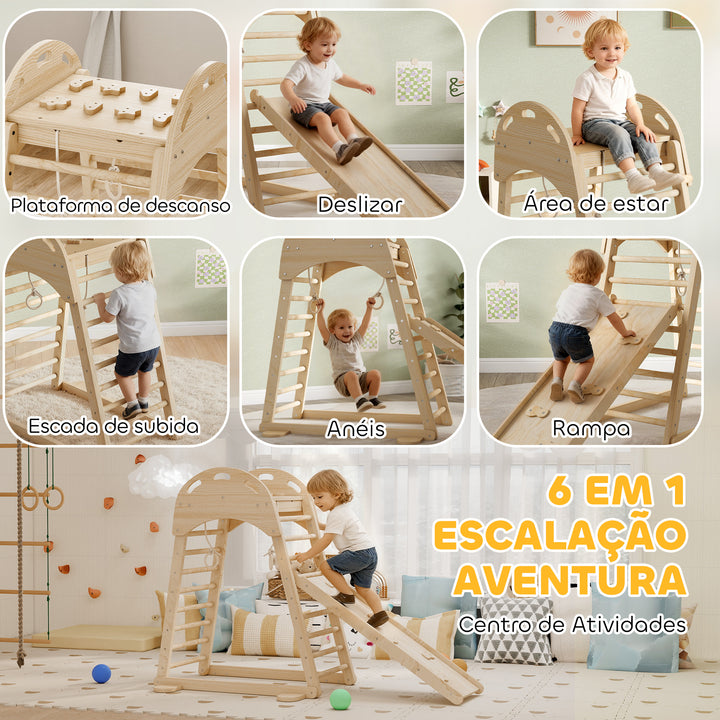 Triângulo de Escalada Montessori 6 em 1 Estrutura de Madeira com Plataforma Anéis e Escorrega para Escalar ou Deslizar para Crianças de 18-48 Meses Interiores Madeira