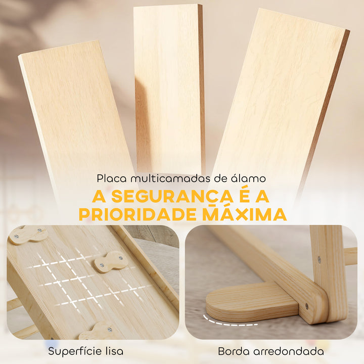 Triângulo de Escalada Montessori 6 em 1 Estrutura de Madeira com Plataforma Anéis e Escorrega para Escalar ou Deslizar para Crianças de 18-48 Meses Interiores Madeira
