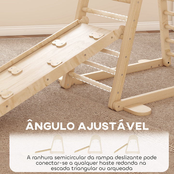 Triângulo de Escalada Montessori 6 em 1 Estrutura de Madeira com Plataforma Anéis e Escorrega para Escalar ou Deslizar para Crianças de 18-48 Meses Interiores Madeira
