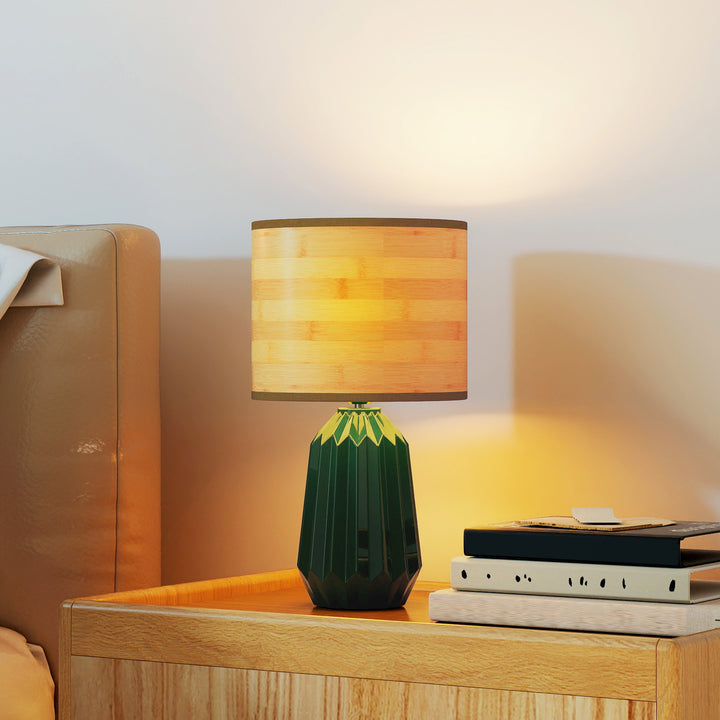 Candeeiro de Mesa com Base de Cerâmica e Ecrã de Linho Estilo Retro com Interruptor para Quarto Sala E27 40W Verde e Madeira