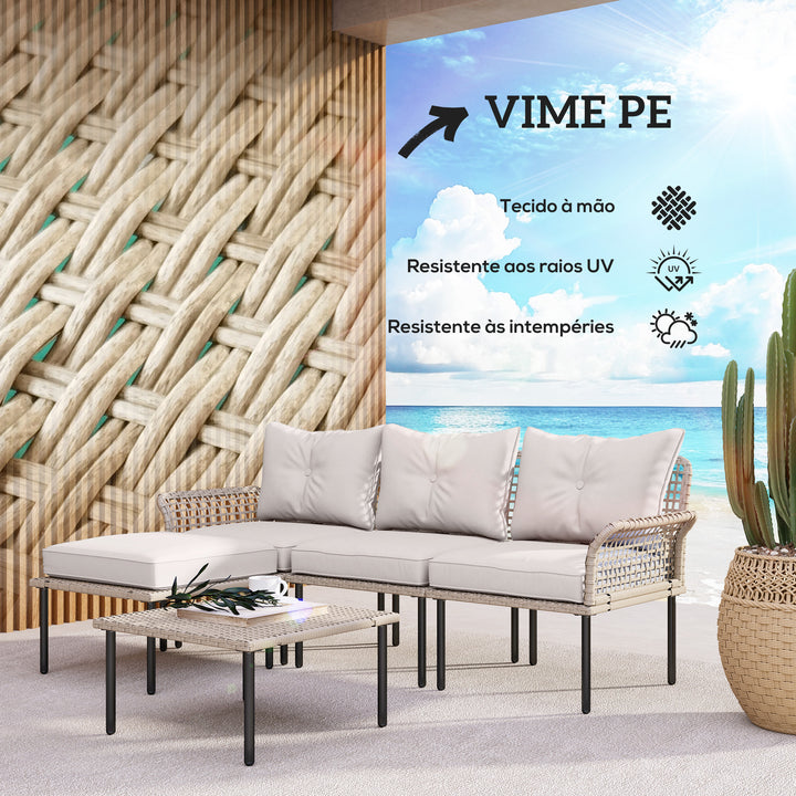 Conjunto de Jardim em Vime Sintético Conjunto de Móveis de Exterior com Sofá de 4 Módulos 1 Mesa de Centro e Almofadas Creme