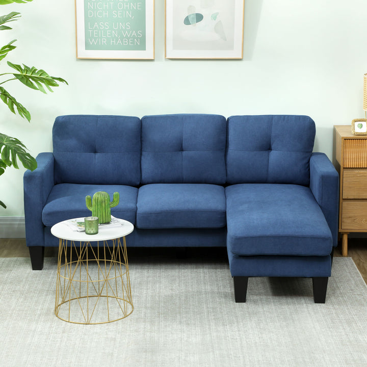 Sofá Chaise Longue Sofá em Forma de L Estofado em Poliéster Sofá de Canto Reversível com 3 Almofadas e Pés de Madeira para Sala de Estar Carga Máxima 180 kg 186x130x84 cm Azul Escuro
