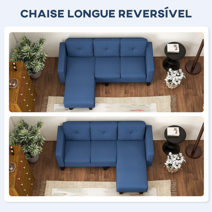 Sofá Chaise Longue Sofá em Forma de L Estofado em Poliéster Sofá de Canto Reversível com 3 Almofadas e Pés de Madeira para Sala de Estar Carga Máxima 180 kg 186x130x84 cm Azul Escuro