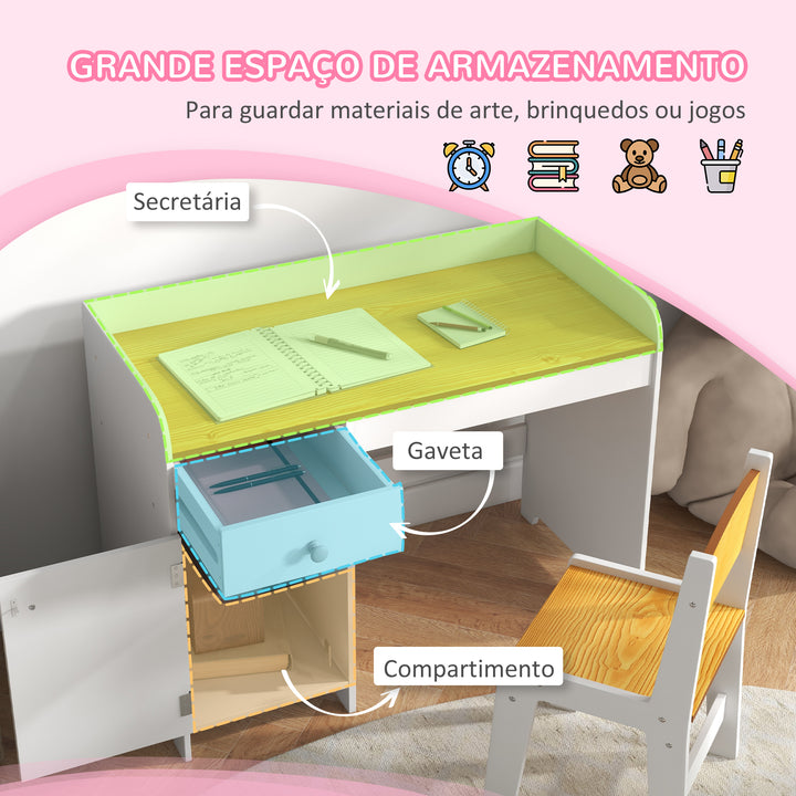 Conjunto de Secretária e Cadeira para Crianças Secretária Infantil com Cadeira Conjunto Infantil de 2 Peças com Gaveta e Armário para Quarto Sala Branco e Natural