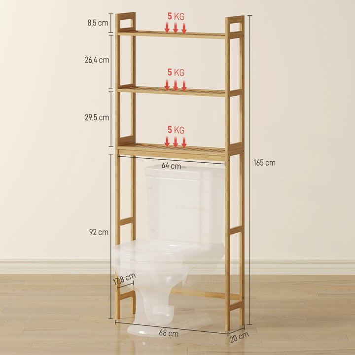 Estante sobre Sanita de Bambu Estante Casa de Banho com 3 Prateleiras Pés com Almofadas Antiderrapantes e Anti-Tombo Estilo Moderno 68x20x135 cm Madeira