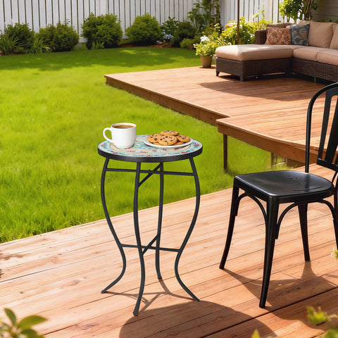 Mesa de Jardim Redonda Mesa Auxiliar de Mosaico com Pés de Metal para Pátio Terraço Exterior Balcão 35,5x35,5x53,5cm Multicor