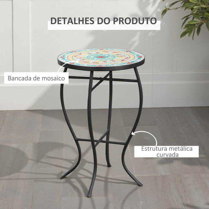 Mesa de Jardim Redonda Mesa Auxiliar de Mosaico com Pés de Metal para Pátio Terraço Exterior Balcão 35,5x35,5x53,5cm Multicor