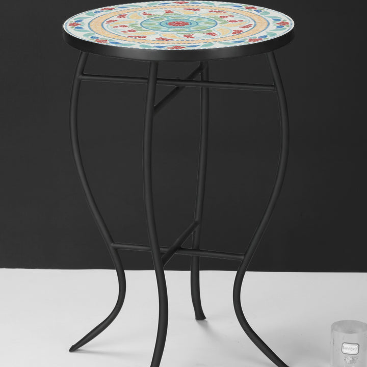 Mesa de Jardim Redonda Mesa Auxiliar de Mosaico com Pés de Metal para Pátio Terraço Exterior Balcão 35,5x35,5x53,5cm Multicor
